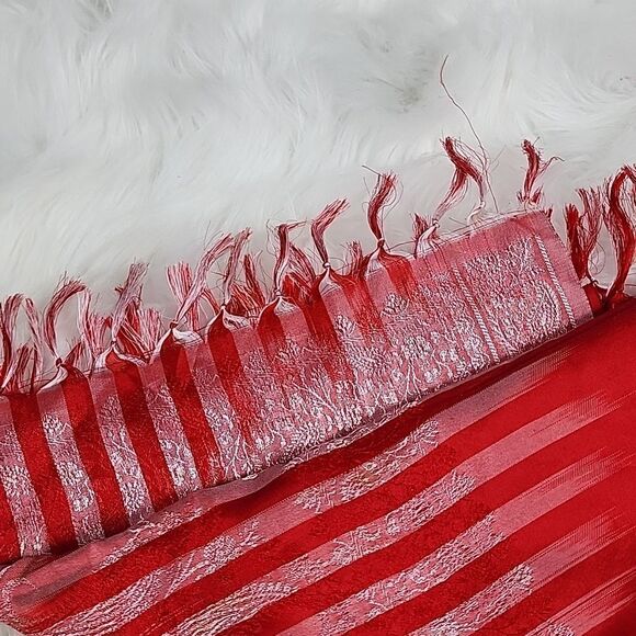 Vintage Silk Red Striped Paisle & Floral Scarf with Fringe - Picture 8 of 11